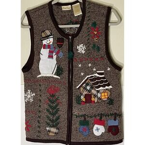 Bobbie Brooks Flax Brown Women's Sweater Vest Size Small-Snowman Theme